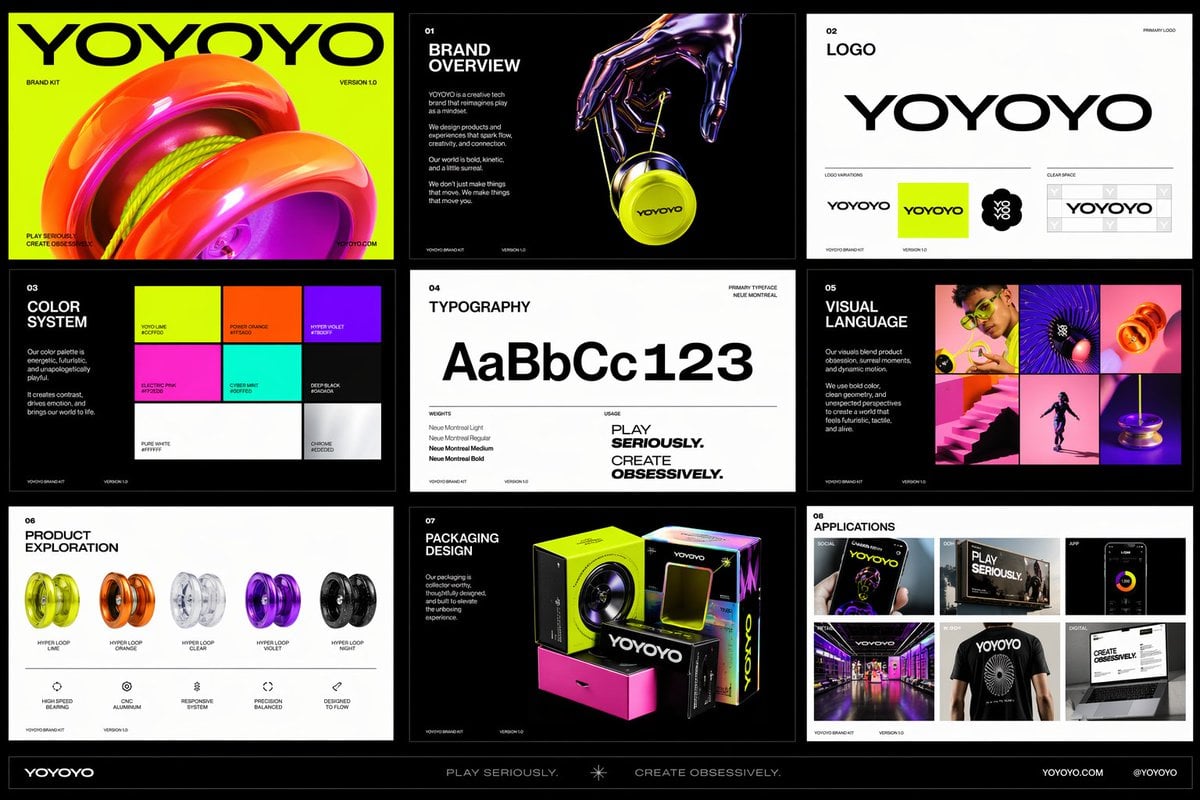 Photography AI image prompt preview: Create a polished multi-page (multiple images) brand kit for a company called [YOYOYO]
