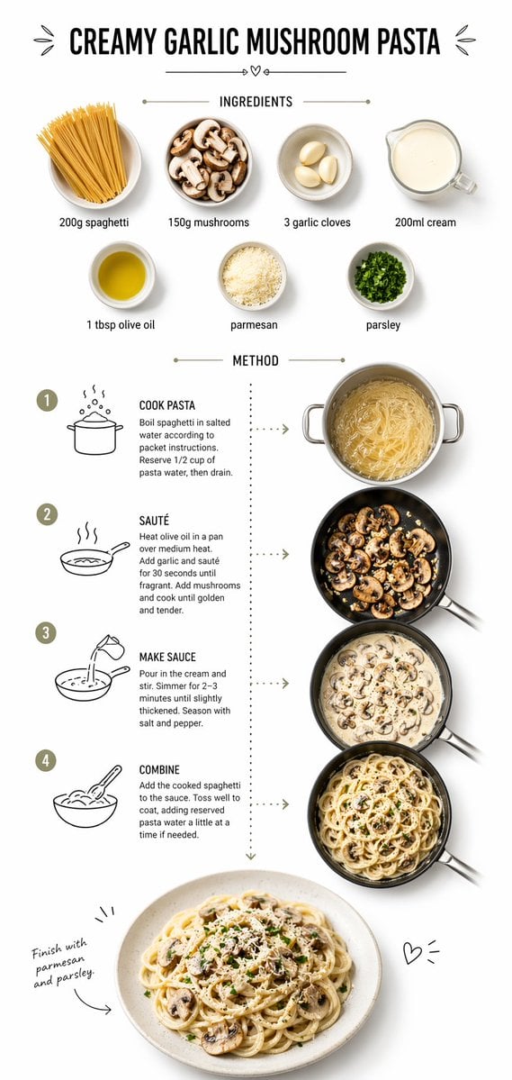 Food / Drink AI image prompt preview: Create step-by-step recipe infographic for creamy garlic mushroom pasta, top-down view, minimal style on