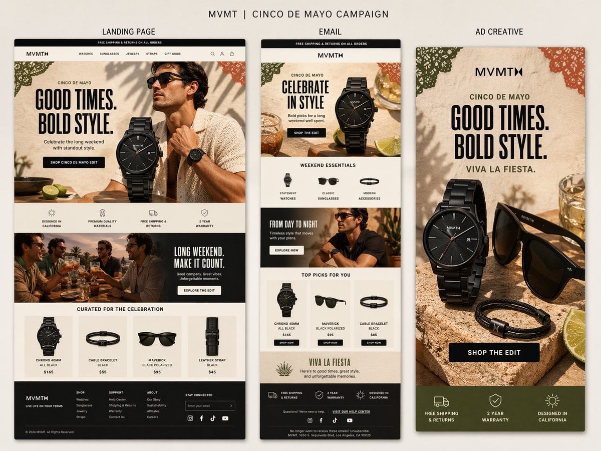 Diagram / Chart AI image prompt preview: Create a premium presentation-style campaign board for MVMT’s Cinco de Mayo campaign on a soft warm neutral