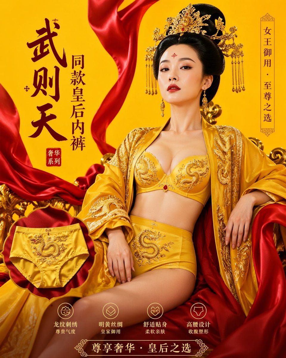 Text / Typography AI image prompt preview: 武则天同款皇后内衣广告大片，明黄底色龙纹刺绣，大红丝绸飘带衬托