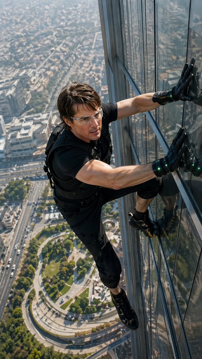 Photography AI image prompt preview: ultra-realistic IMAX-grade cinematic action shot, extreme high-angle perspective looking down from a