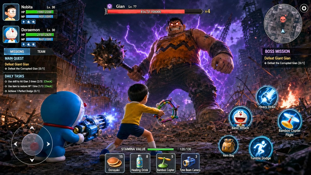 Illustration AI image prompt preview: A high-resolution, photorealistic 3D action RPG mobile game screenshot of an epic battle featuring Doraemon
