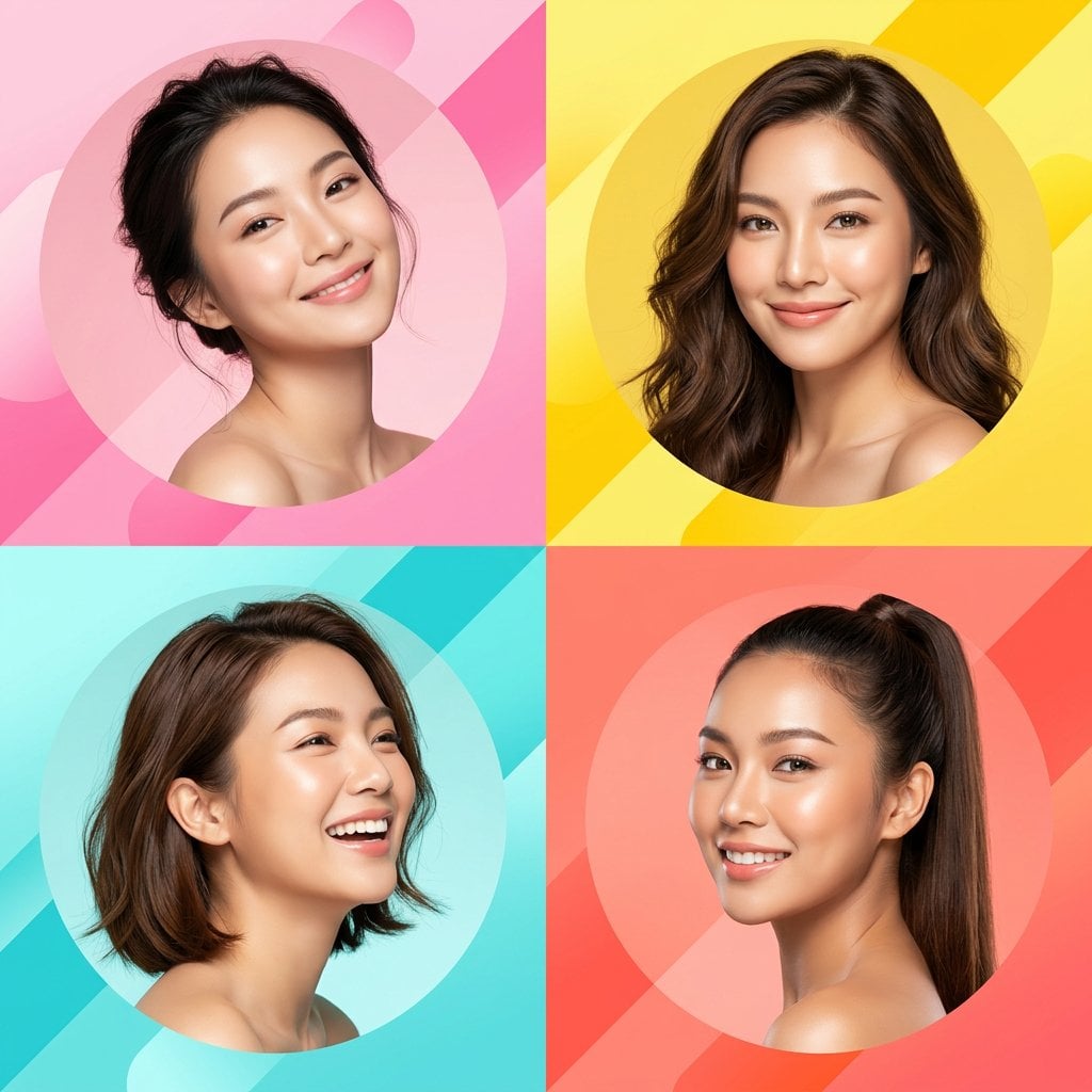 Photography AI image prompt preview: Ultra-modern high-end skincare advertising collage featuring four beautiful young Asian women, each