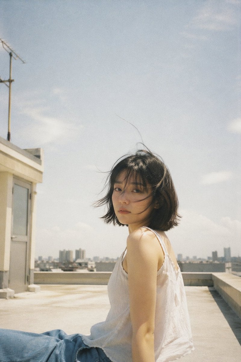 Photography AI image prompt preview: Japanese negative film aesthetic, rooftop summer scene, soft natural sunlight, slight overexposure