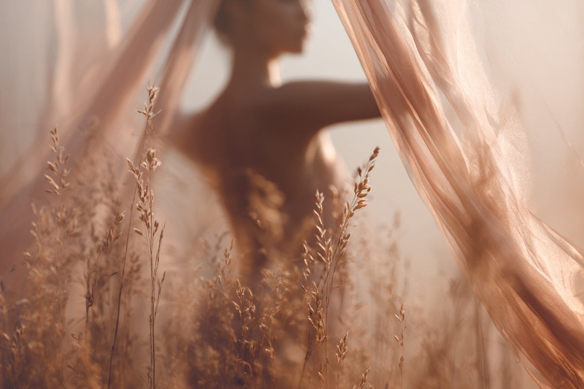Photography AI image prompt preview: A soft-focus dream photograph of a [subject] in a [setting], seen through translucent fabric and (image 2)