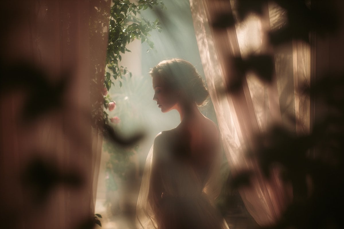 Photography AI image prompt preview: A soft-focus dream photograph of a [subject] in a [setting], seen through translucent fabric and (image 3)