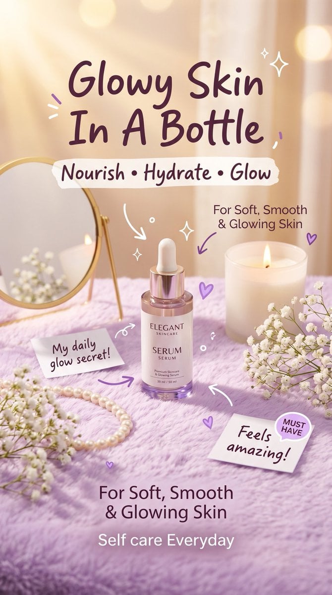 Text / Typography AI image prompt preview: Luxury aesthetic skincare advertisement,soft pastel background, warm golden sunlight, dreamy soft focus, (image 2)