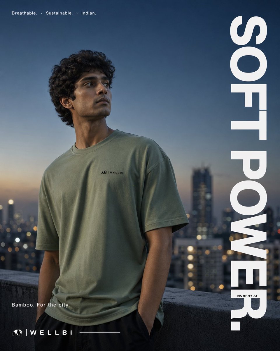 Cinematic / Film Still AI image prompt preview: Cinematic product poster for WELLBI, India's premium bamboo apparel brand (image 3)