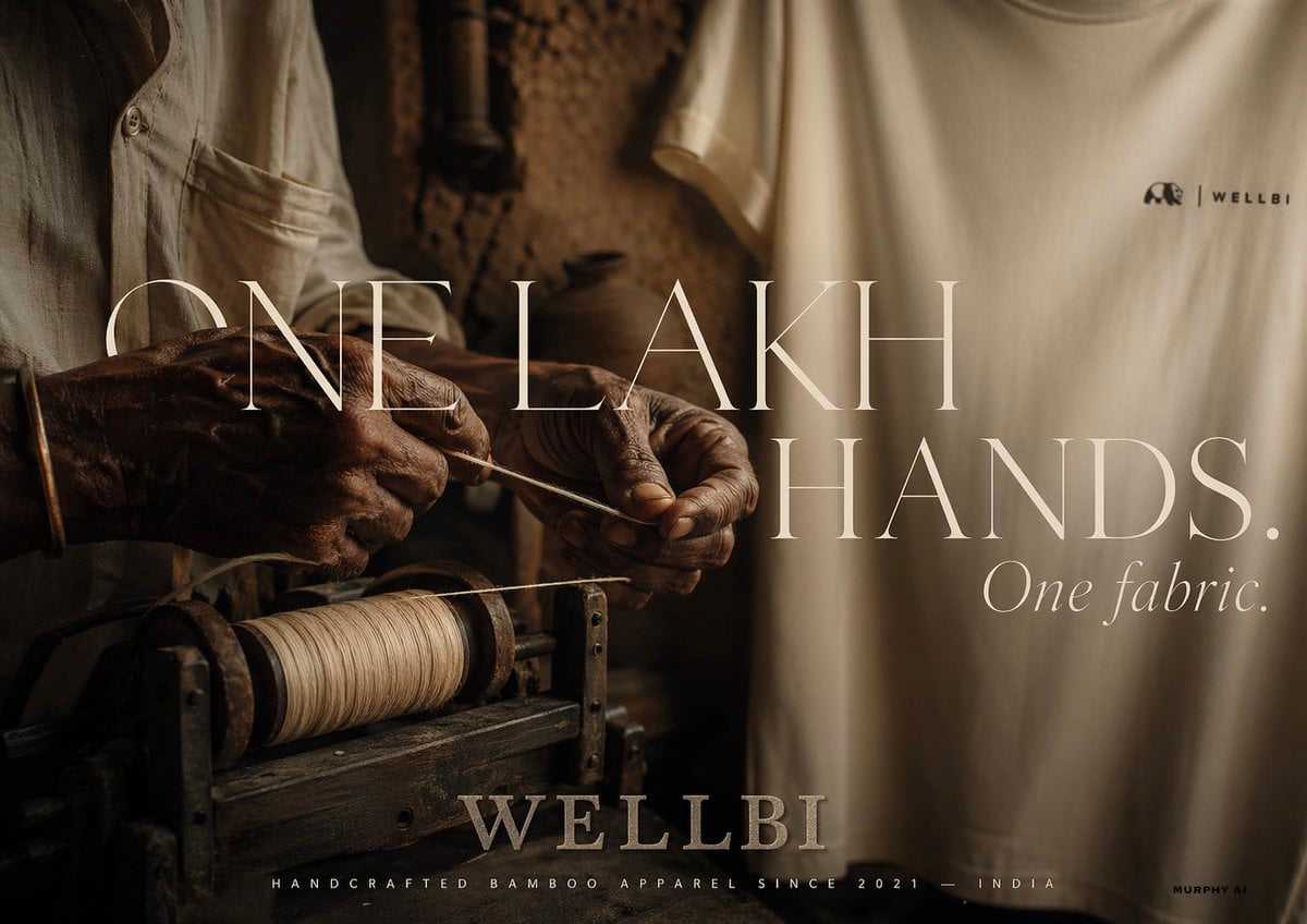 Cinematic / Film Still AI image prompt preview: Cinematic product poster for WELLBI, India's premium bamboo apparel brand (image 4)