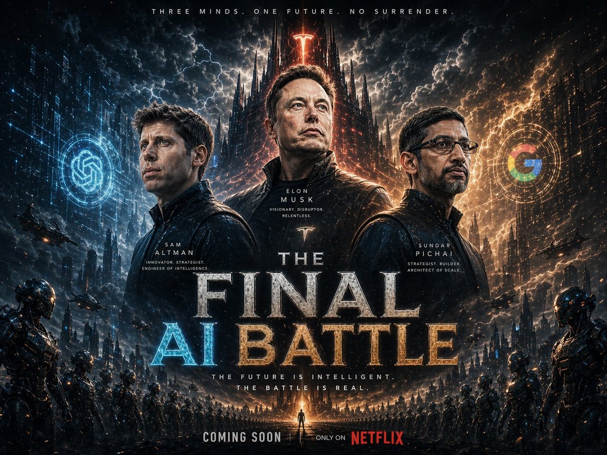 Cinematic / Film Still AI image prompt preview: A cinematic epic sci-fi fantasy movie poster featuring three powerful tech leaders standing together as (image 4)