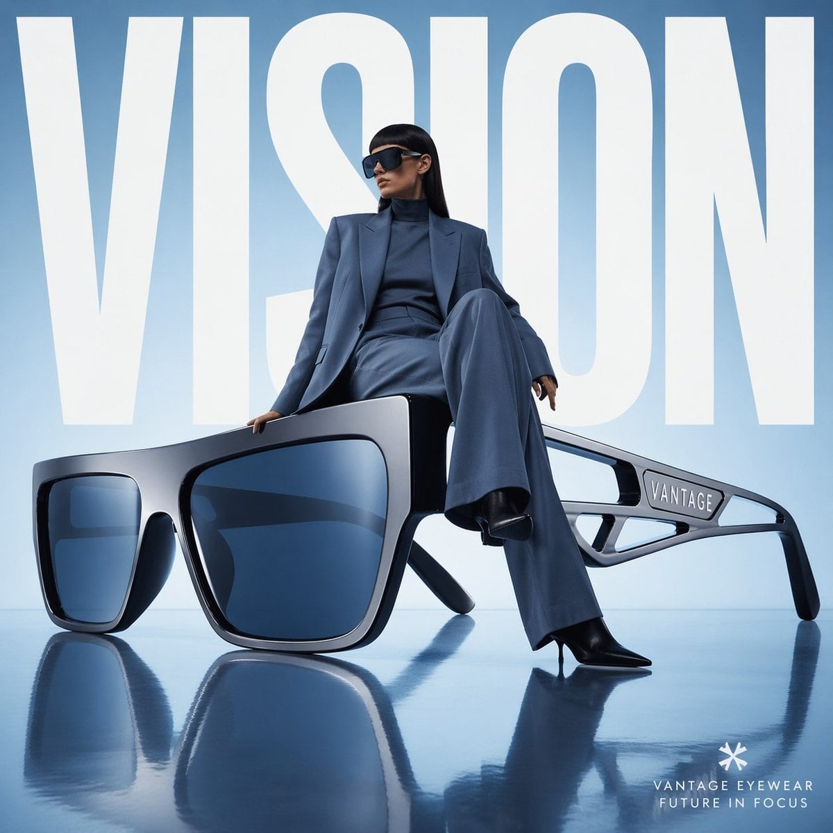Text / Typography AI image prompt preview: Avant-garde fashion advertisement, oversized futuristic sunglasses positioned like sculpture, model