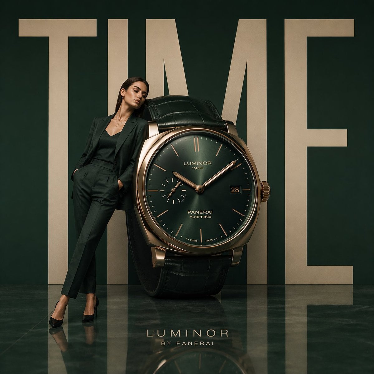 Cinematic / Film Still AI image prompt preview: Minimalist luxury watch campaign, oversized wristwatch positioned like modern sculpture, model leaning