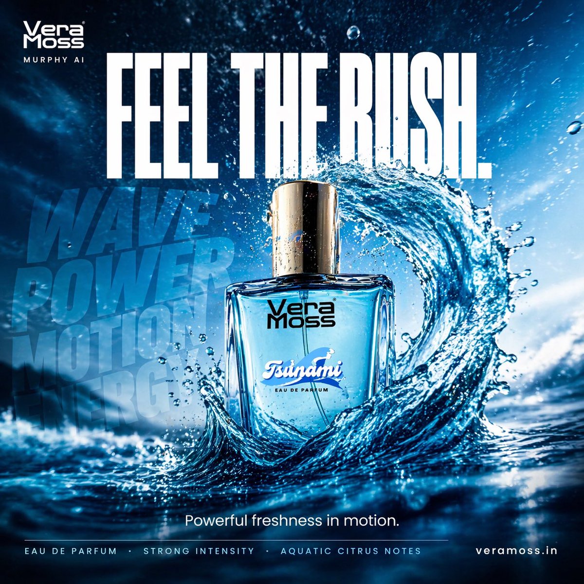 Cinematic / Film Still AI image prompt preview: Hyper-realistic cinematic perfume billboard poster for Vera Moss Tavernier Blue Eau De Parfum, built around (image 2)