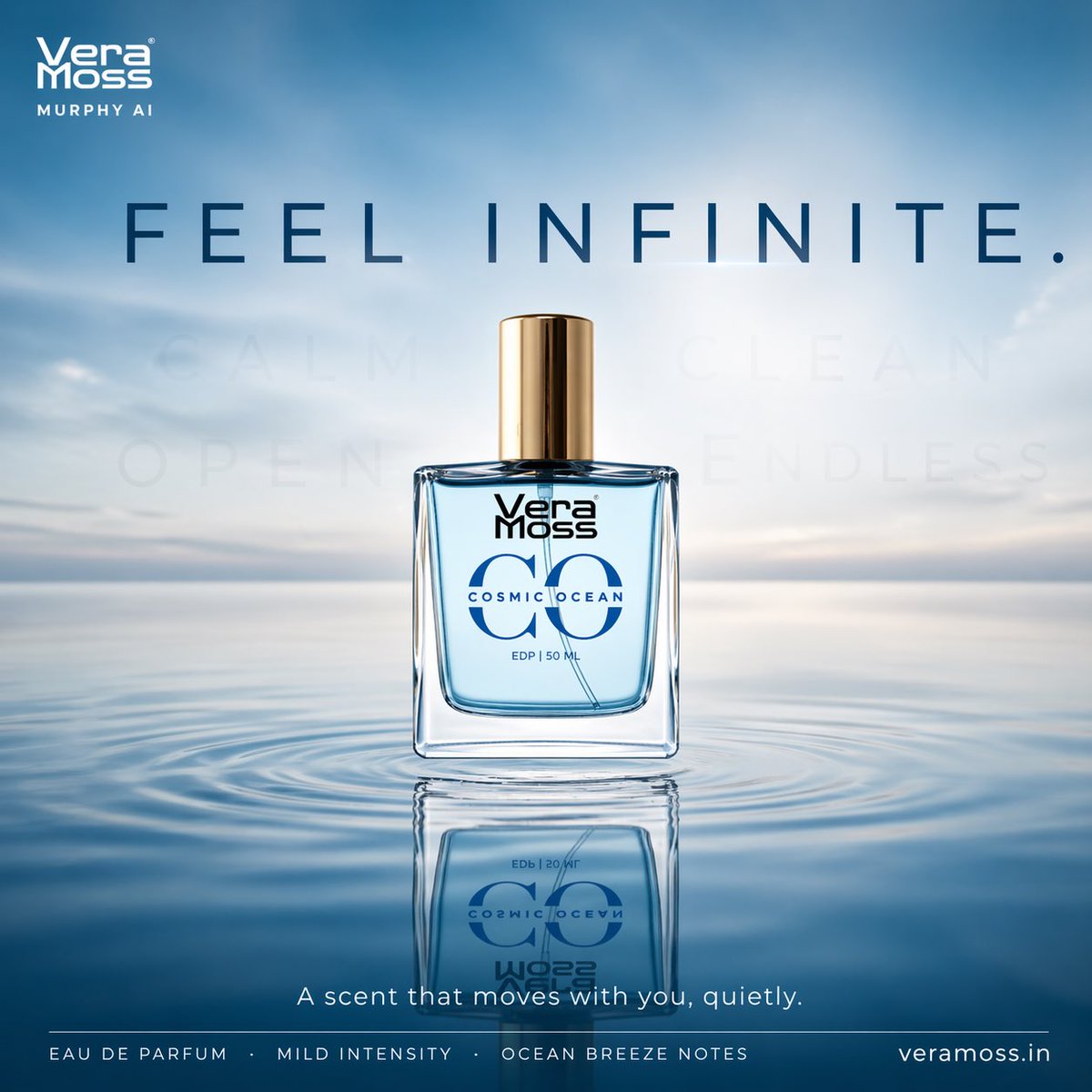 Cinematic / Film Still AI image prompt preview: Hyper-realistic cinematic perfume billboard poster for Vera Moss Tavernier Blue Eau De Parfum, built around (image 3)
