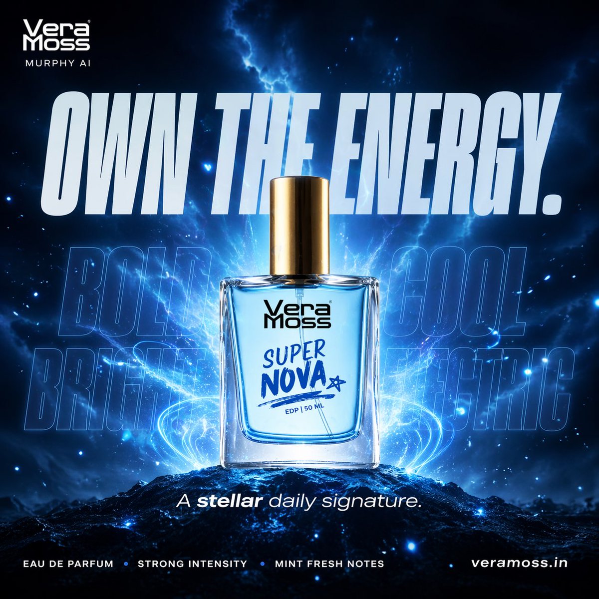 Cinematic / Film Still AI image prompt preview: Hyper-realistic cinematic perfume billboard poster for Vera Moss Tavernier Blue Eau De Parfum, built around (image 4)