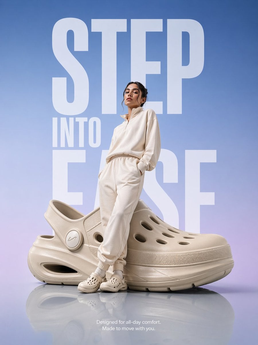 Photography AI image prompt preview: A hyper-realistic premium product advertisement featuring an oversized futuristic comfort clog placed on a