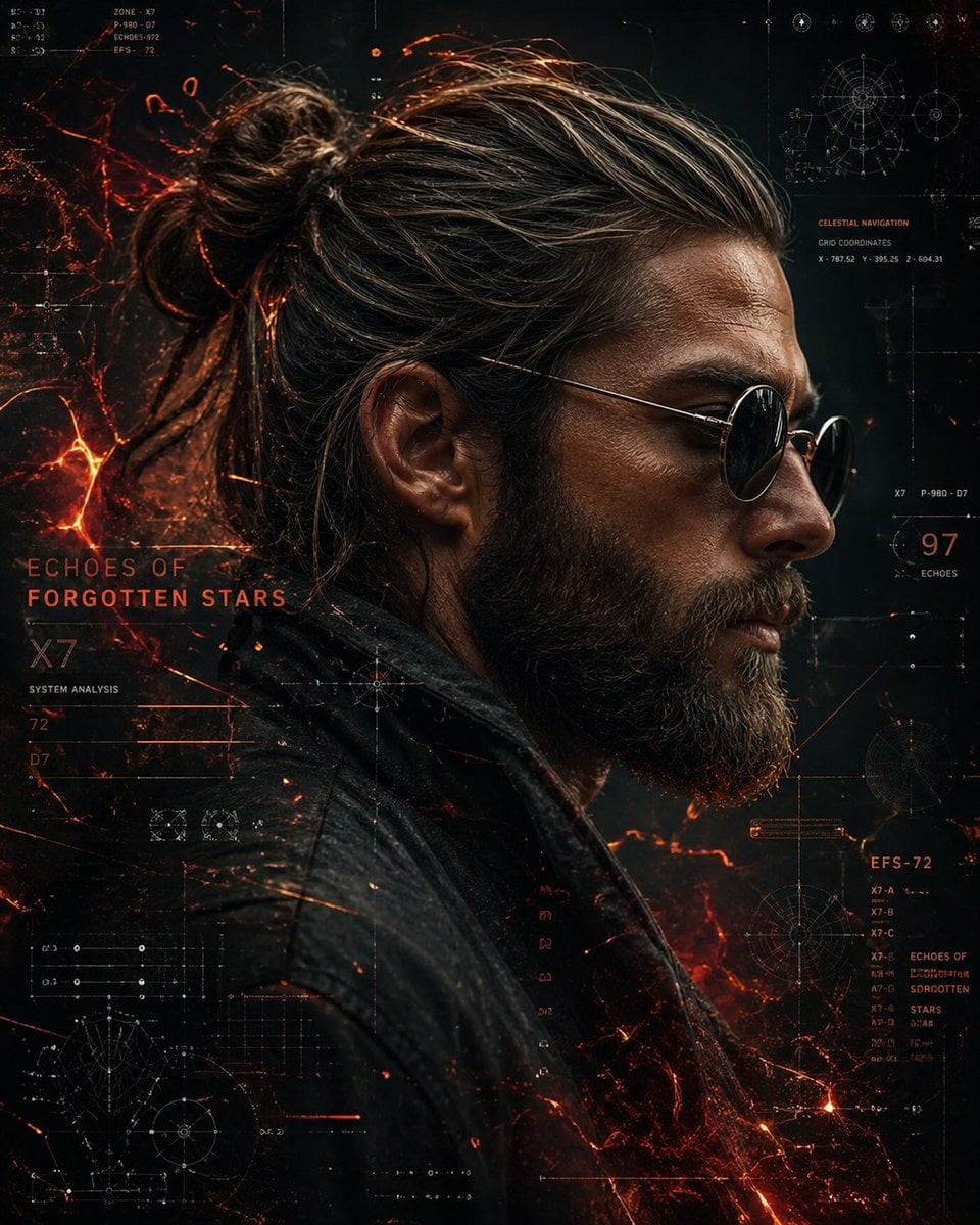 Cinematic / Film Still AI image prompt preview: A cinematic side-profile portrait of a rugged man with a tied-back bun and full beard, wearing round dark