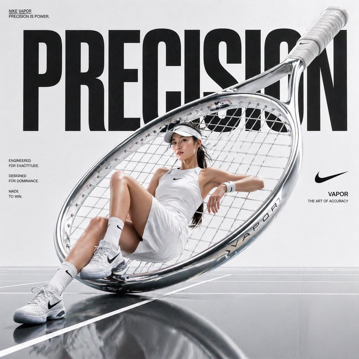 Cinematic / Film Still AI image prompt preview: Avant-garde sports fashion advertisement, oversized tennis racket positioned like monumental sculpture,