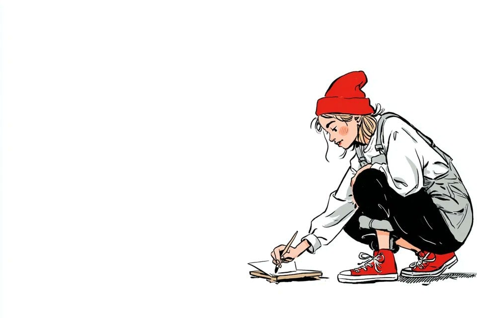 Illustration AI image prompt preview: A simple illustration of a [subject] in [outfit], [doing action], with a [facial expression] expression, in (image 3)
