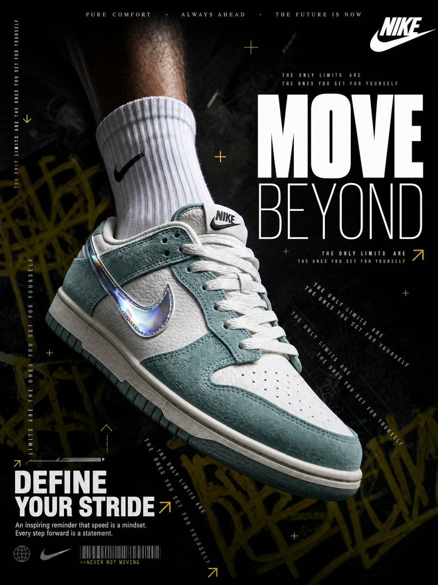 Photography AI image prompt preview: A hyperrealistic Nike sneaker advertisement shot in a dark, moody editorial style