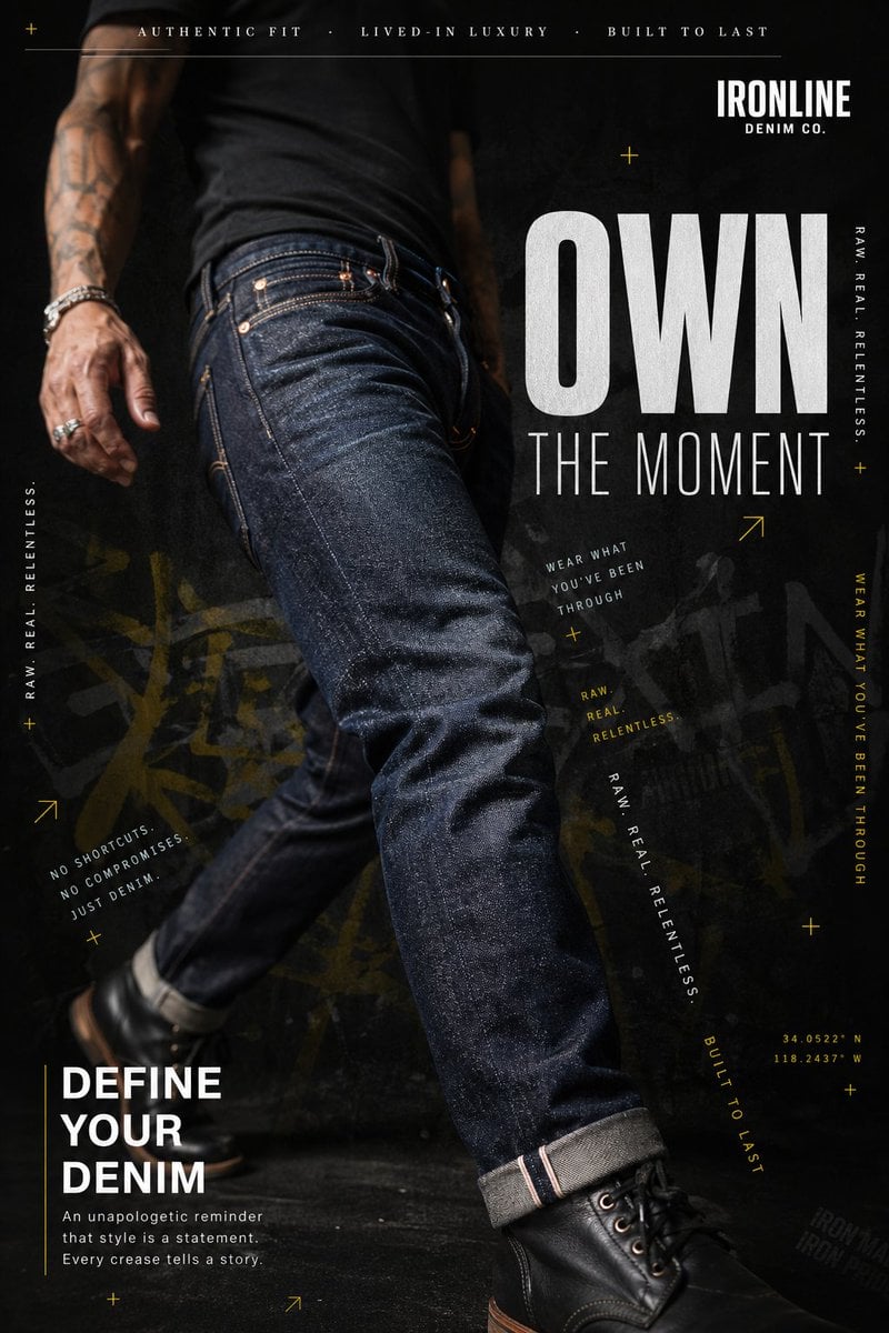 Photography AI image prompt preview: A hyperrealistic premium denim advertisement shot in a dark, moody editorial style