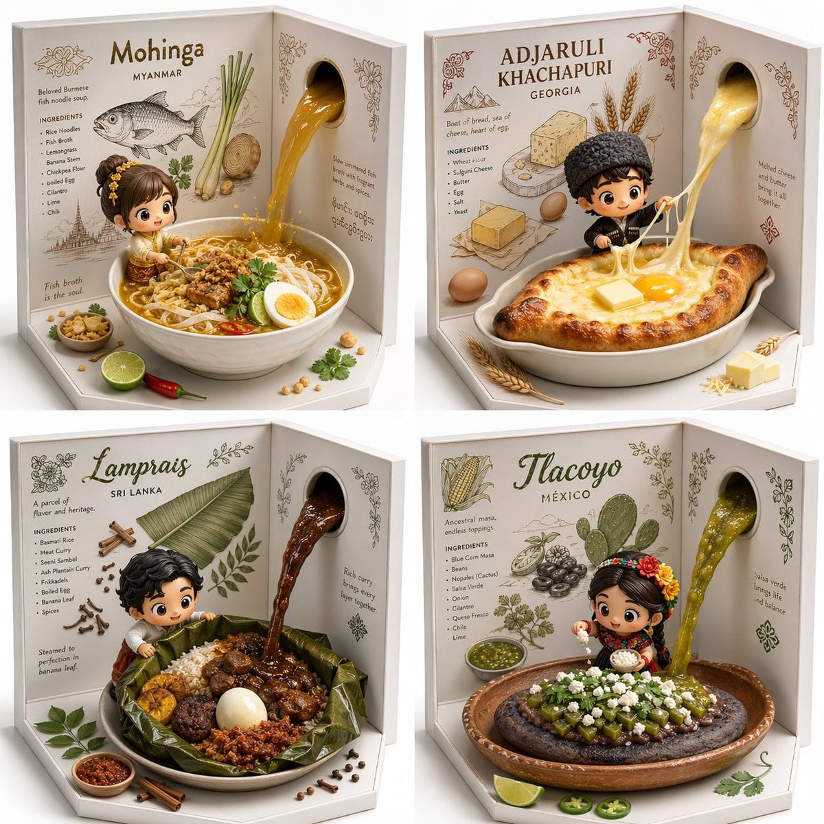 Illustration AI image prompt preview: 2x2 grid, do this for 4 hidden gem international foods select * from popup_recipe_visualizer where