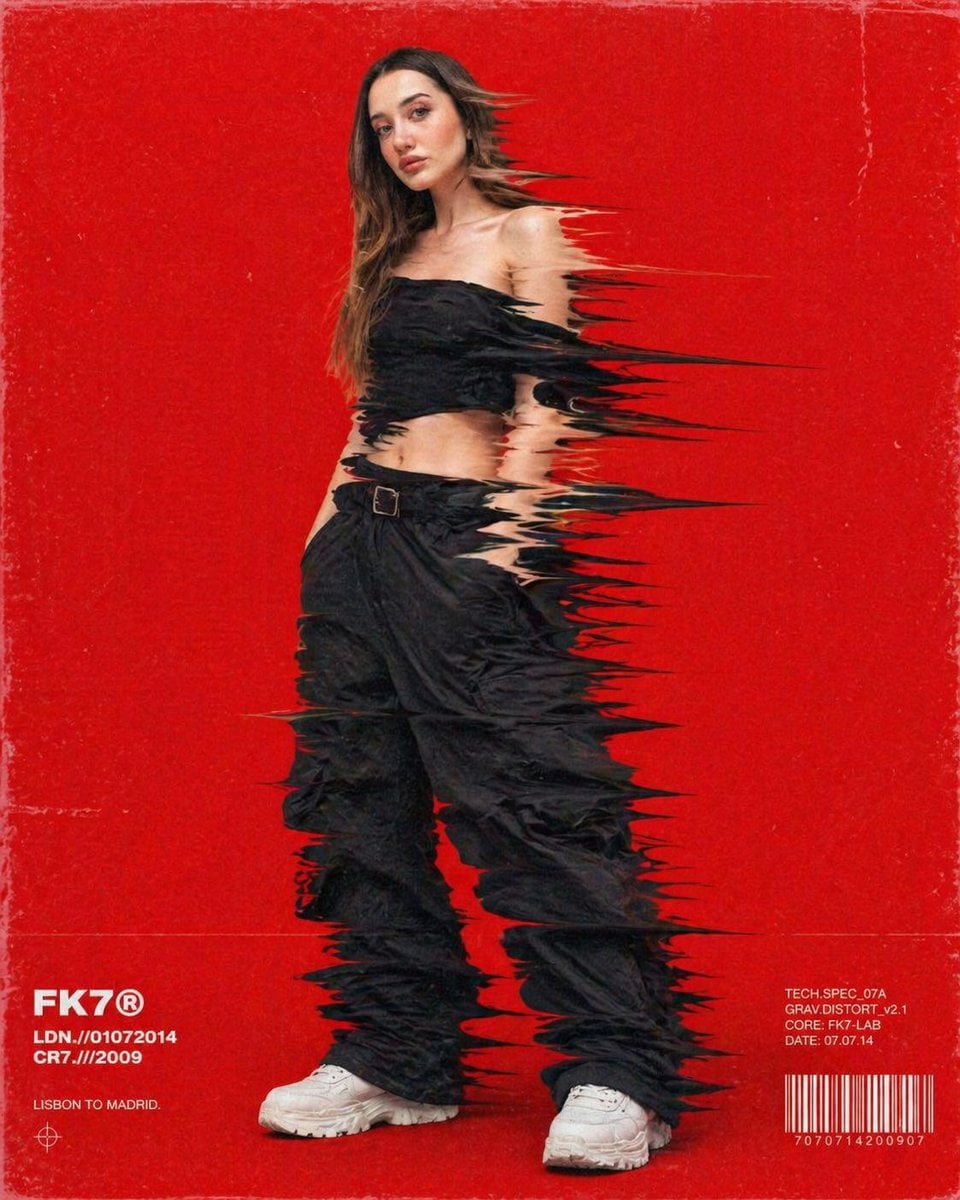 Retro / Vintage AI image prompt preview: Hip-hop fashion model standing full-frame, clothing distorted into stretched streaks like motion drag, bold (image 2)