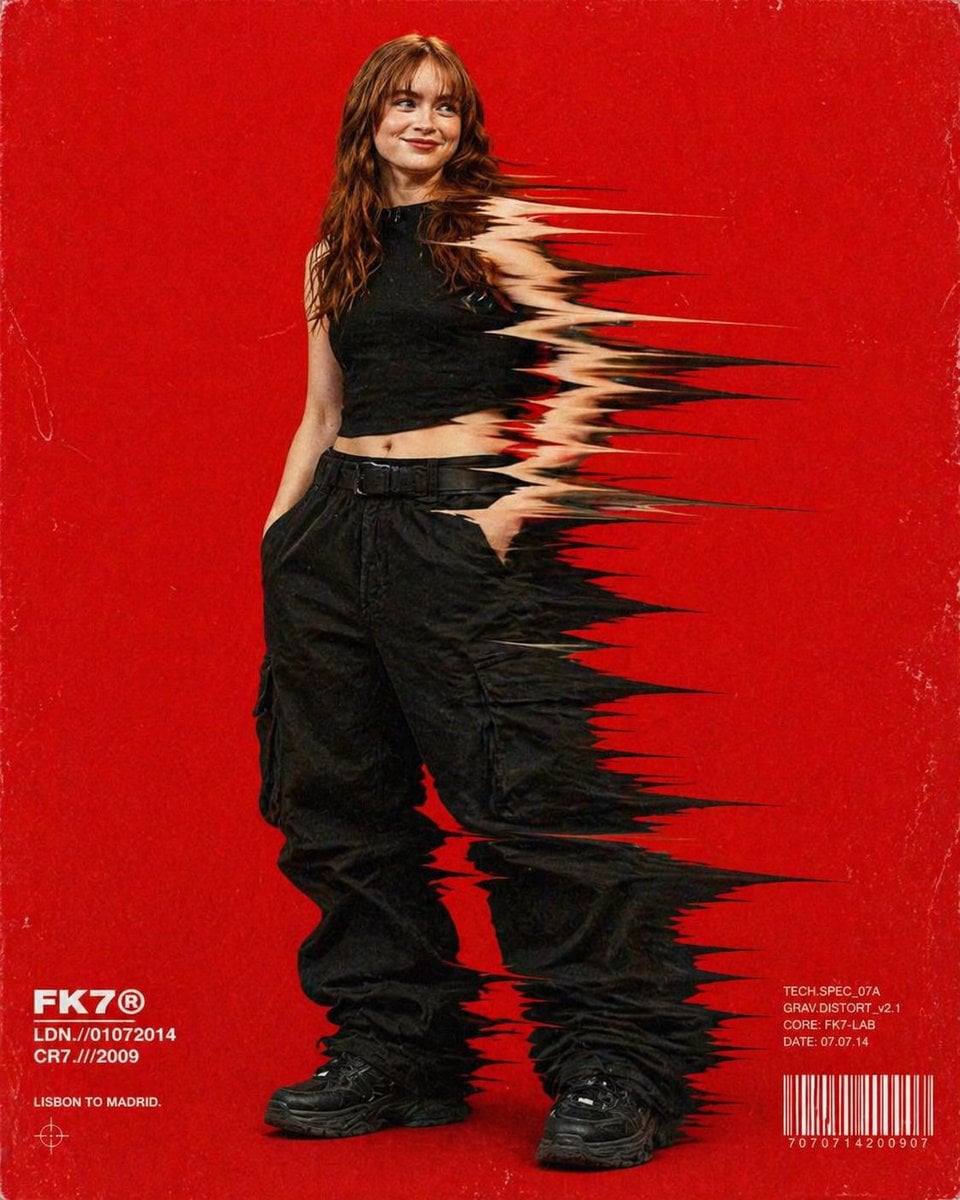 Retro / Vintage AI image prompt preview: Hip-hop fashion model standing full-frame, clothing distorted into stretched streaks like motion drag, bold (image 3)