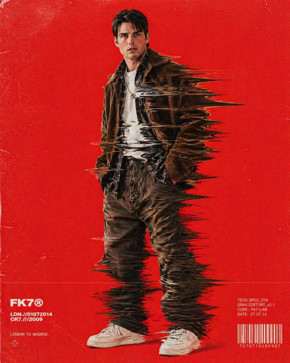 Retro / Vintage AI image prompt preview: Hip-hop fashion model standing full-frame, clothing distorted into stretched streaks like motion drag, bold (image 4)