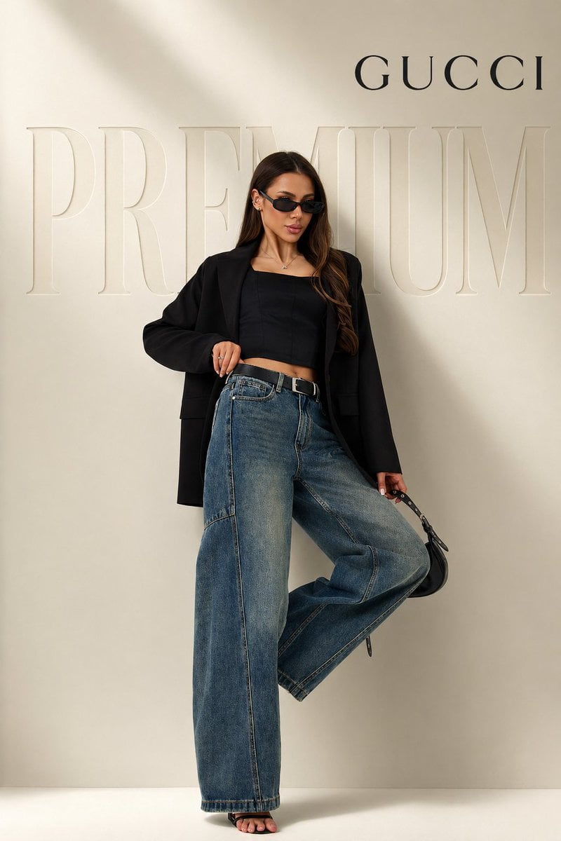 Text / Typography AI image prompt preview: full body female model in confident fashion pose (one leg slightly raised, relaxed luxury stance), wearing