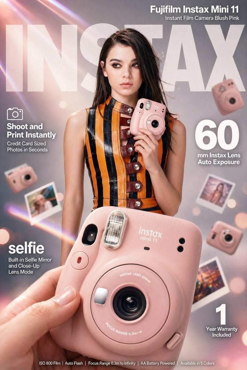 Photography AI image prompt preview: High-impact e-commerce infographic advertisement for "Fujifilm Instax Mini 11" blush pink instant camera