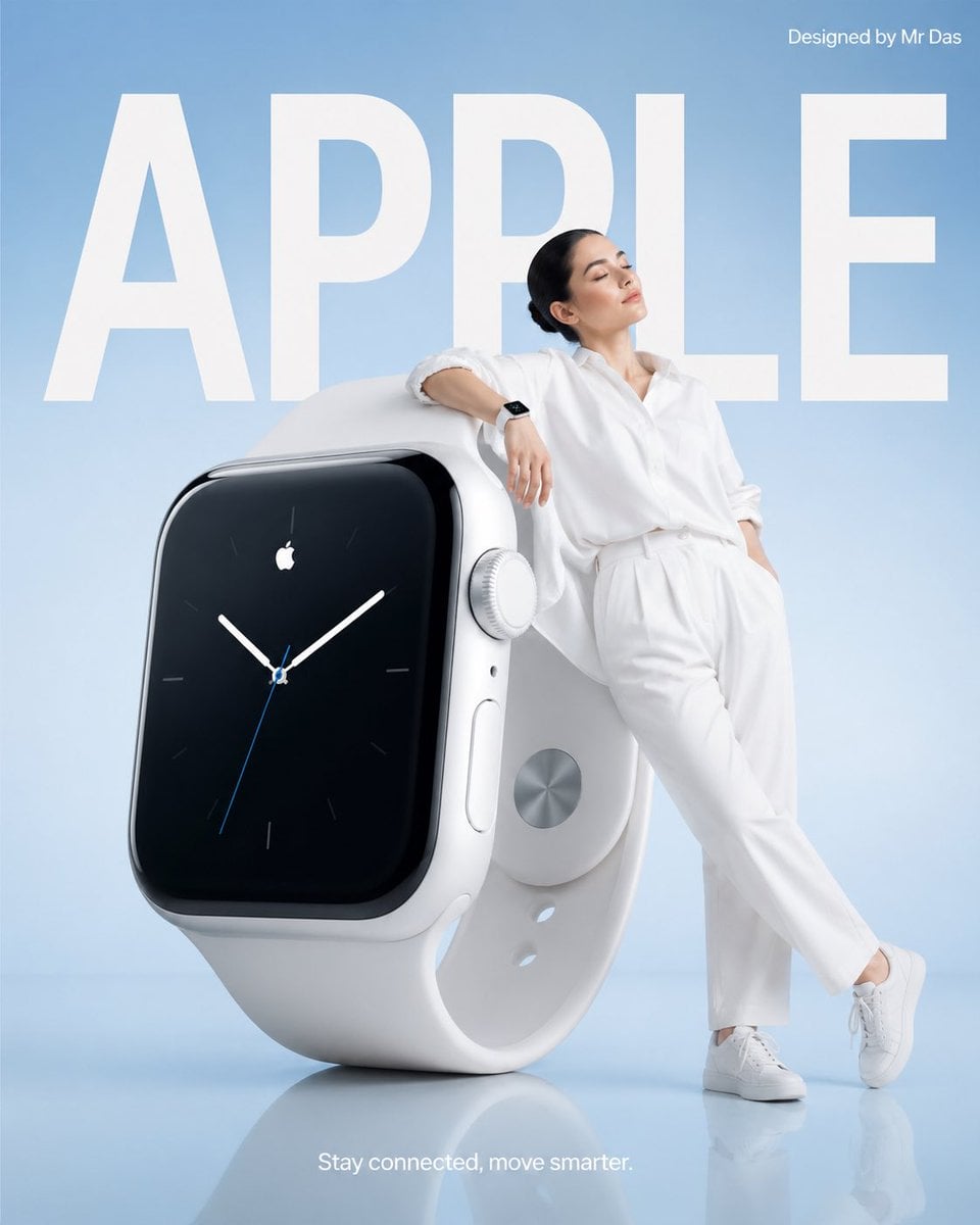 Photography AI image prompt preview: Minimalist commercial ad featuring oversized white smartwatch, ultra-clean design