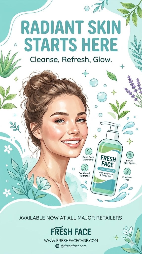 Illustration AI image prompt preview: A clean, refreshing vertical advertising poster design for a face wash product, using a graphic (image 2)