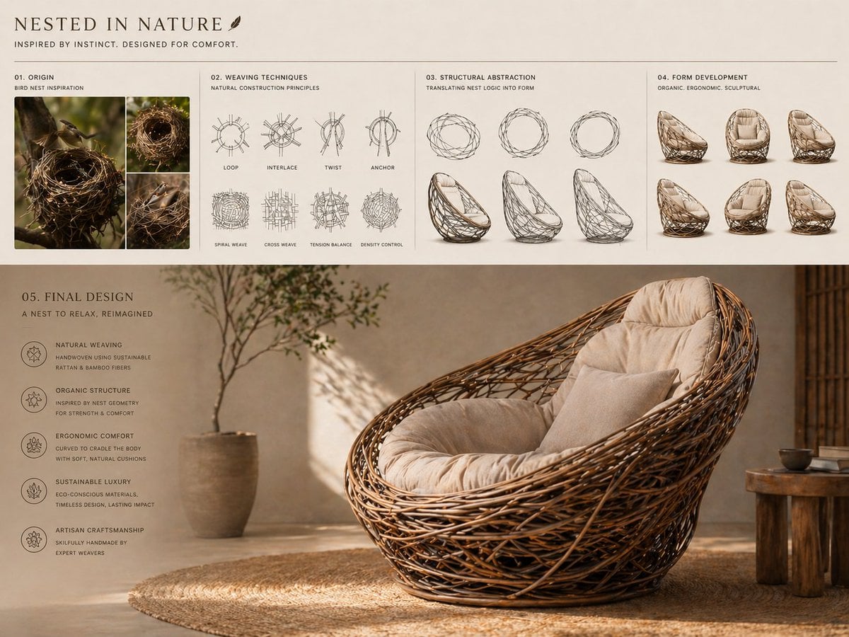 Photography AI image prompt preview: Conceptual transformation, bird nest construction techniques shaping a sculptural lounge chair, sequence