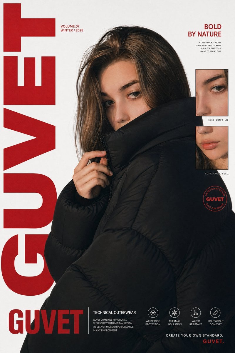 Minimalism AI image prompt preview: A bold fashion editorial poster featuring a young woman model in a close-up half-body portrait, wrapped in