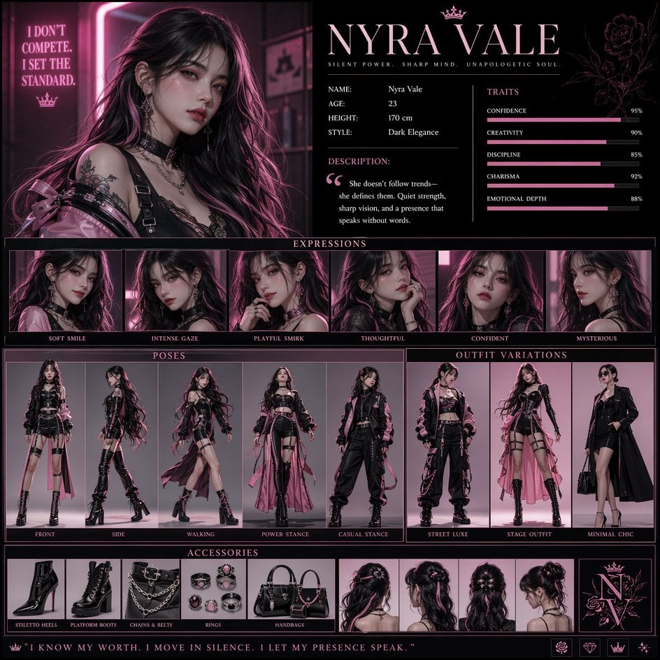 Cinematic / Film Still AI image prompt preview: Create a high-resolution vertical character concept poster with a luxury pink and white aesthetic, blending