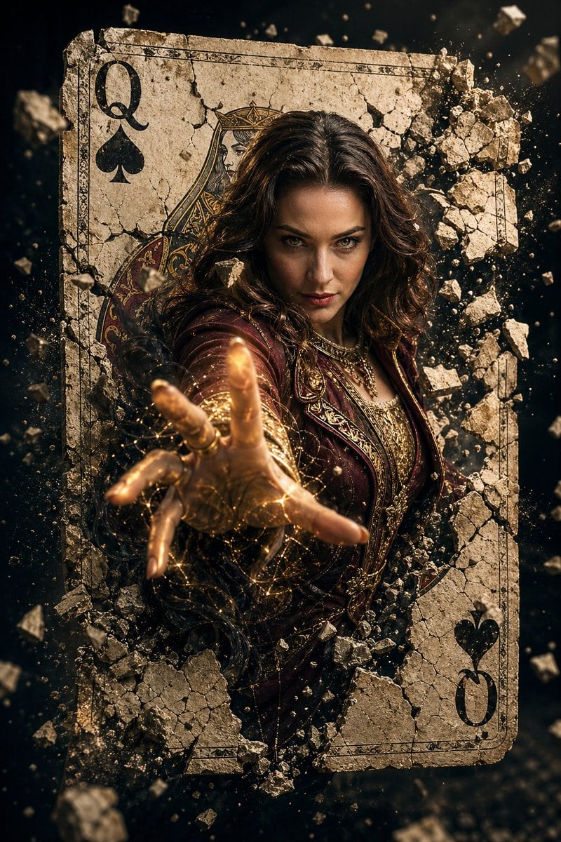 Photography AI image prompt preview: A hyper-realistic cinematic movie poster of a powerful female sorcerer with the same facial structure and