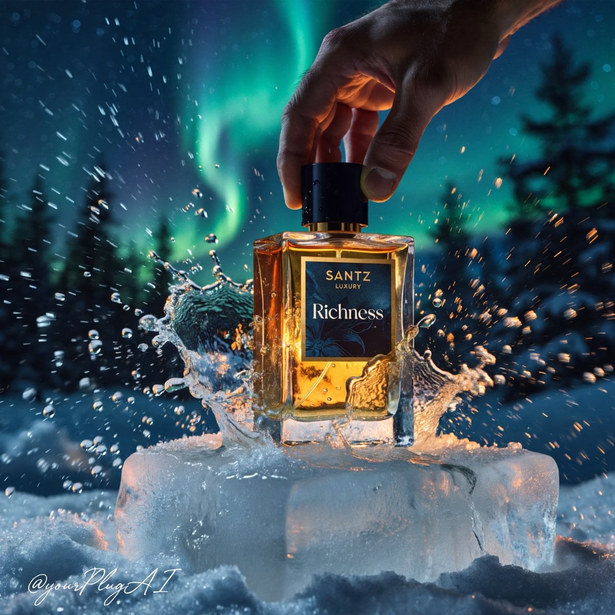 Photography AI image prompt preview: Create a hyper-realistic cinematic luxury perfume product photograph featuring [PERFUME BOTTLE DESIGN] (image 4)