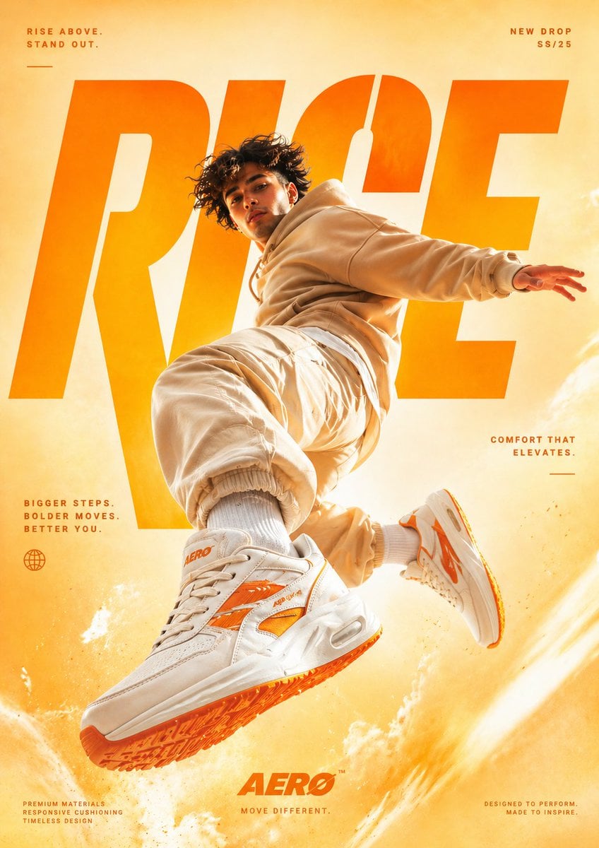 Photography AI image prompt preview: A cinematic, high-end sneaker advertisement poster featuring a young male model mid-air in a dynamic