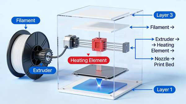 Illustration AI image prompt preview: A clear and simple diagram explaining how a 3D printer works (FDM technology)