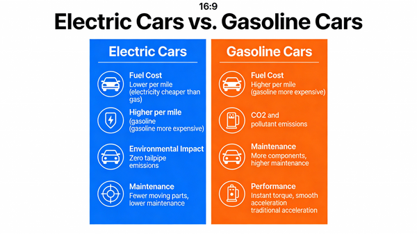 Vehicle AI image prompt preview: A visual comparison chart (a “vs.” infographic) comparing electric cars and gasoline cars