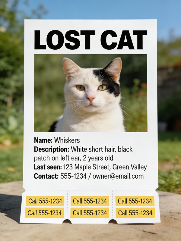 Photography AI image prompt preview: An effective and clear “Lost Cat” flyer