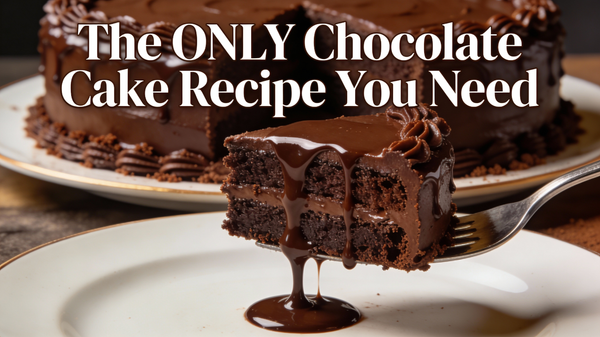 Food / Drink AI image prompt preview: A thumbnail for a recipe video on “The Ultimate Chocolate Cake.” The image is a mouth-watering close-up of