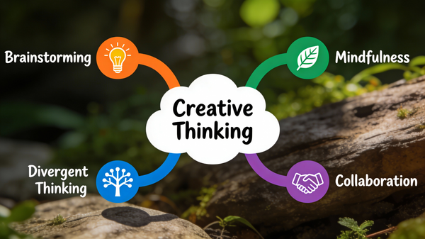 Animal / Creature AI image prompt preview: A vibrant and organic mind map centered around the topic of “Creative Thinking.” The central idea is in a