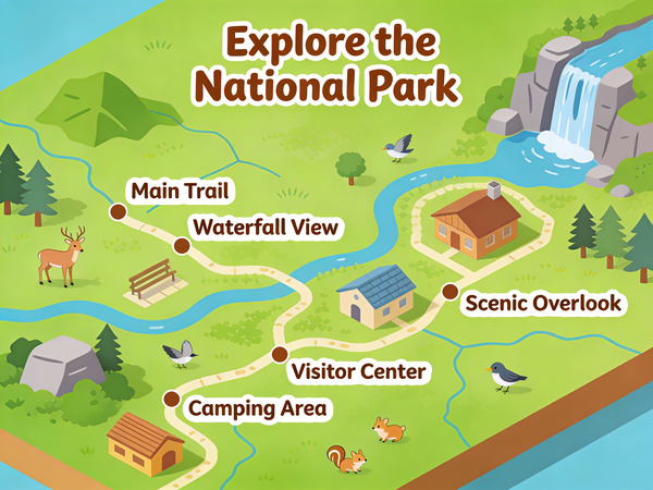 Illustration AI image prompt preview: A stylized, isometric illustrated map of a national park