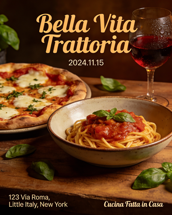 Photography AI image prompt preview: A delicious and inviting flyer for the grand opening of a new Italian restaurant