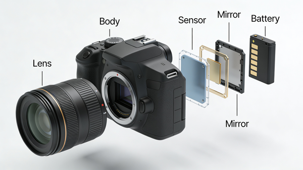 Illustration AI image prompt preview: An exploded view technical illustration of a DSLR camera
