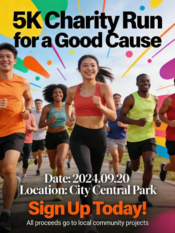 Photography AI image prompt preview: An energetic and motivational poster for a 5K charity run for a good cause
