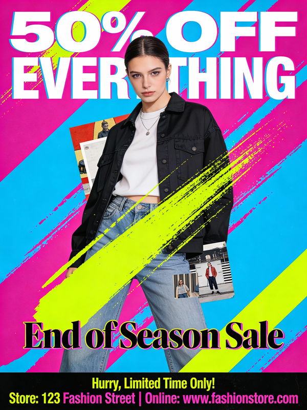 Fashion Item AI image prompt preview: A trendy and eye-catching poster for a fashion store’s end-of-season sale