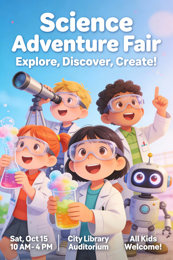 Illustration AI image prompt preview: A fun and educational poster for a children’s science fair